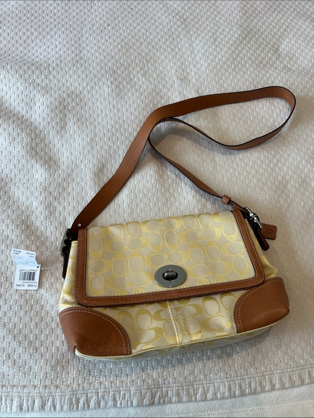 Coach Yellow Signature Canvas Shoulder Bag with Tan Leather Trim